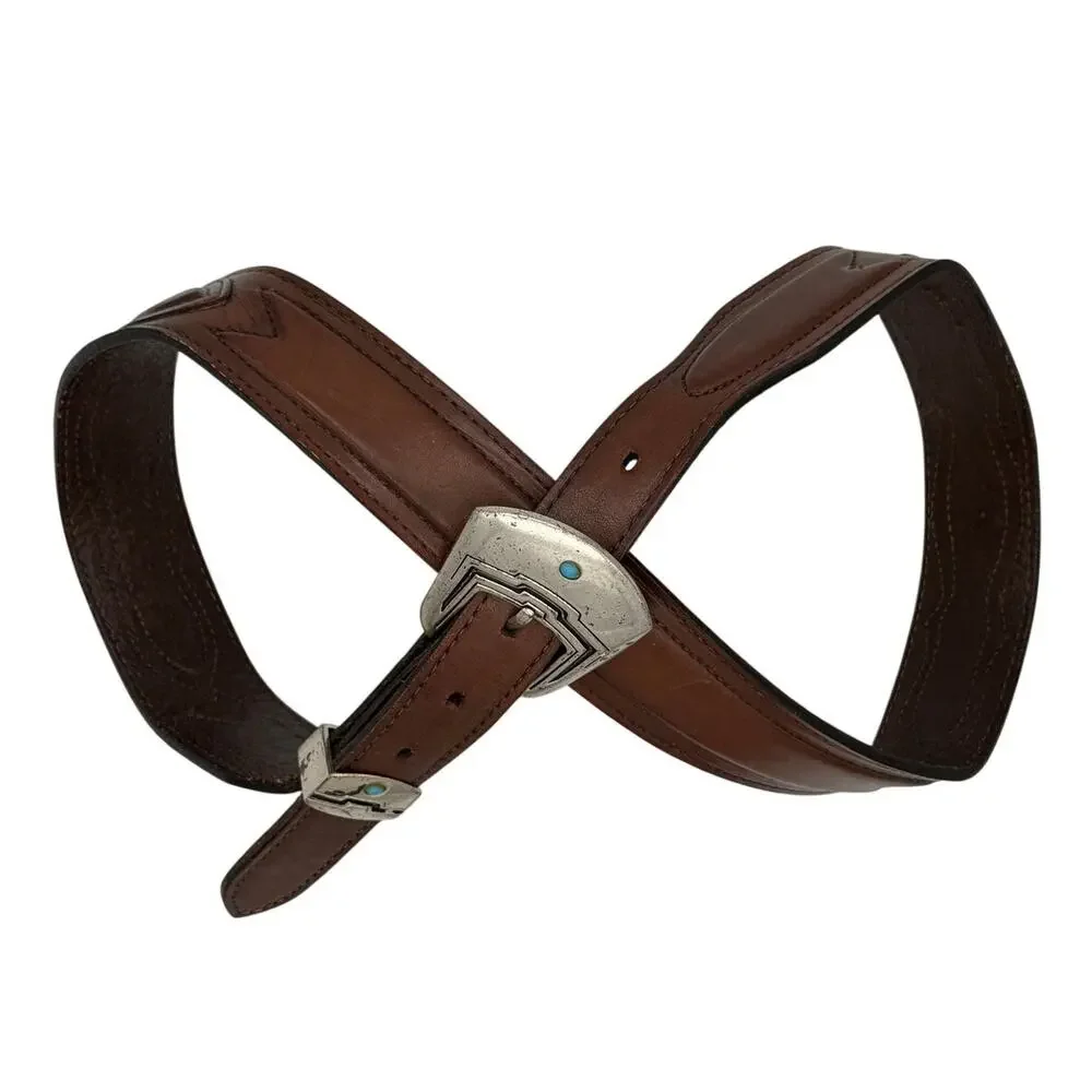 Nocona Western Leather Belt Brown Silver Buckle 36 Cowboy Vintage 90s